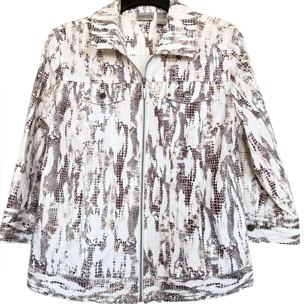 Chico's Sz 1(M) White and Brown Snakeskin Print Zip-Front Utility Jacket